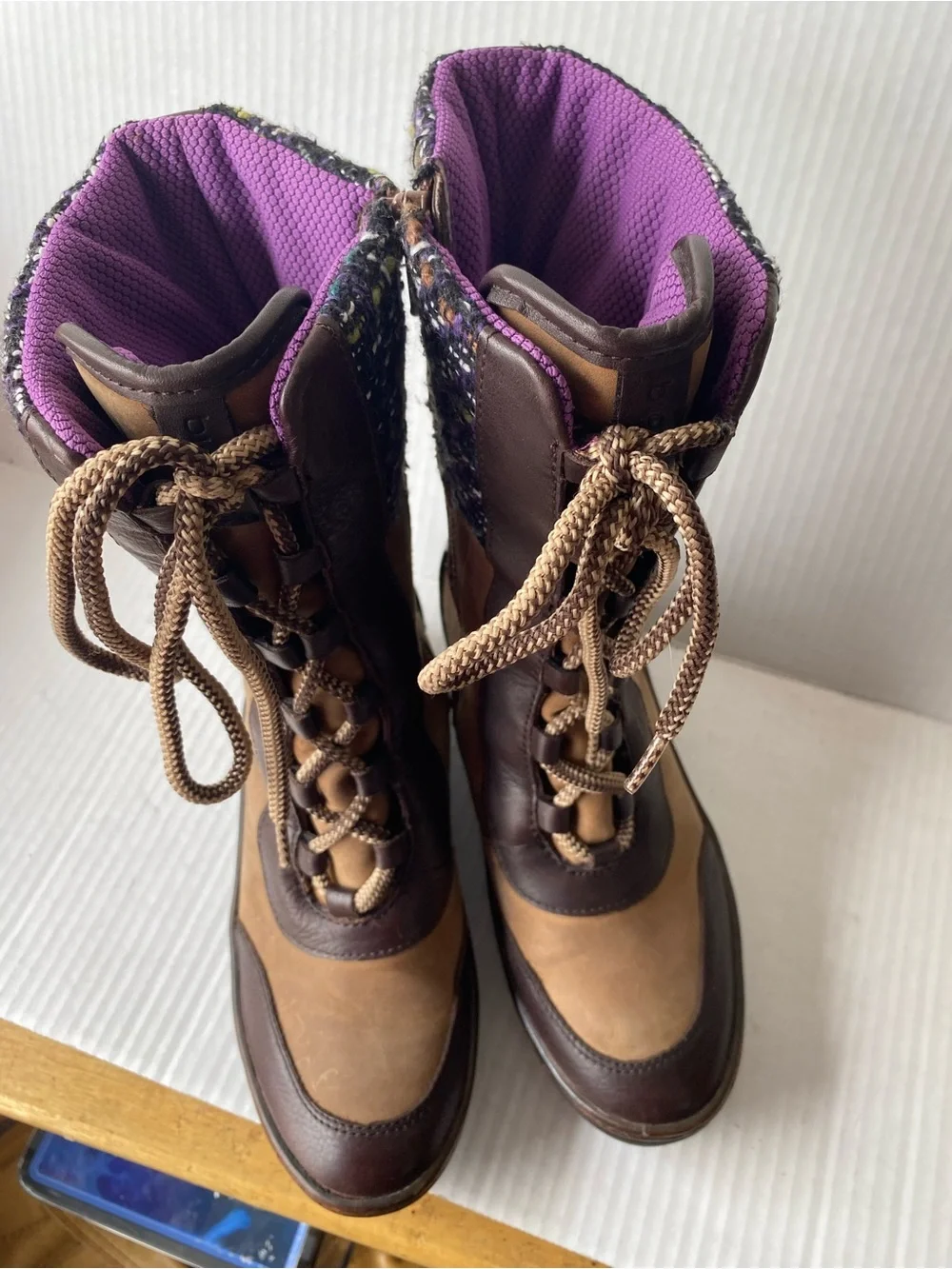 BIONICA Garland Brown Leather Purple Tweed Wedge Snow Boot 6.5 Gorpcore